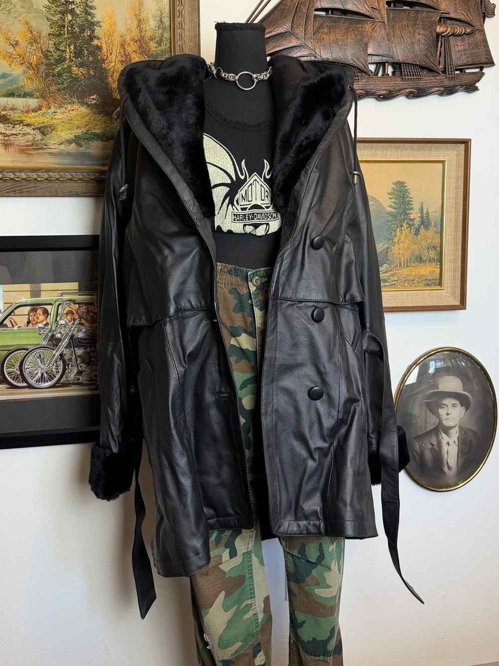 Vintage 1990s / Y2K Mid Length Black Leather Coat Men's XL